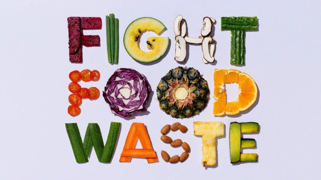 Fight food waste spelled out using colorful produce pieces.