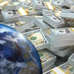 Globe and money stacks represent global zero waste solutions.