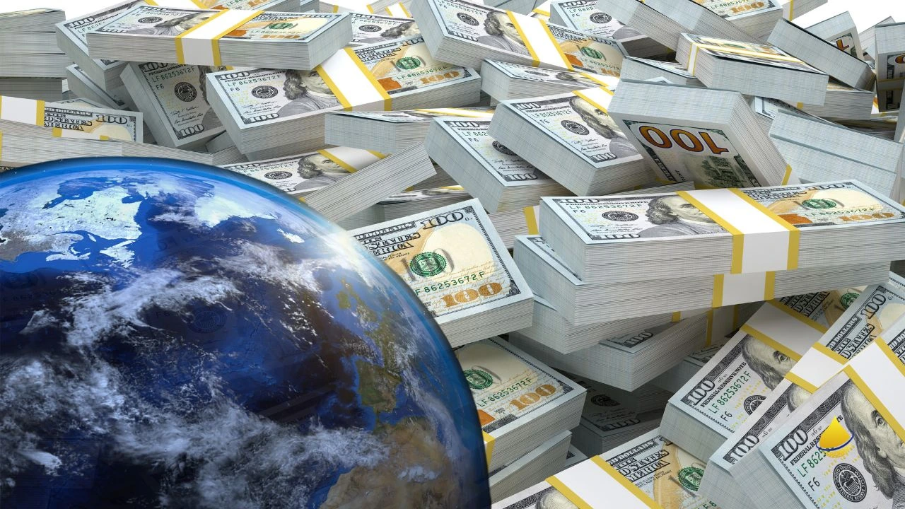 Globe and money stacks represent global zero waste solutions.