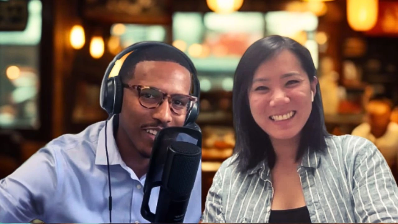 Host Chef Way and guest Susan Tung Restaurant Talk Podcast by Save Fry Oil smile during a live recording, discussing how to master restaurant finances