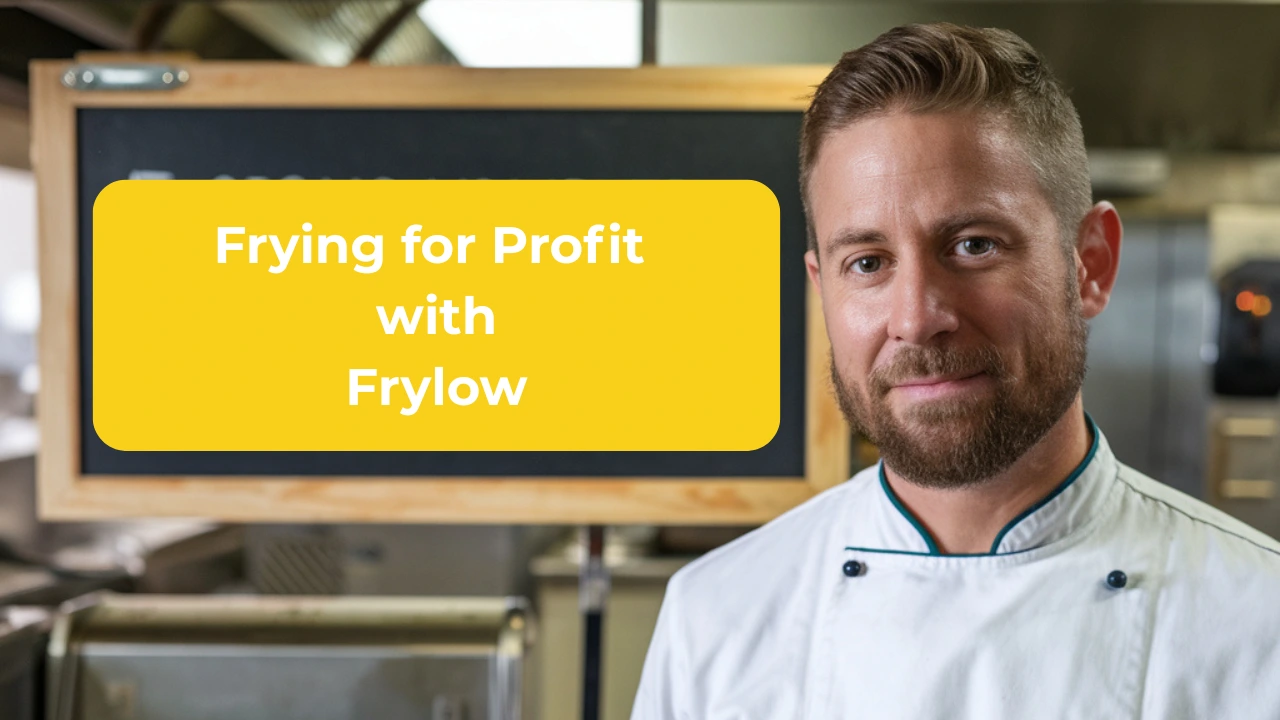 Professional chef standing next to a chalkboard that says “frying for profit with frylow.”