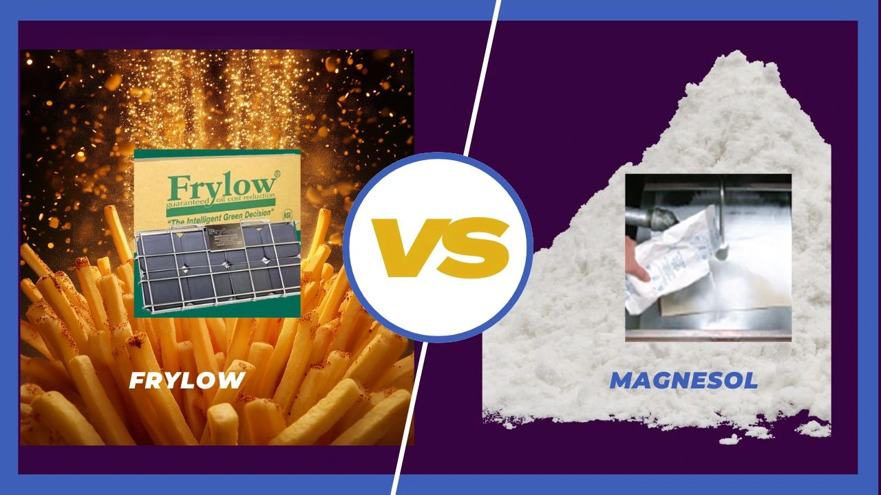 Frylow vs Magnesol comparison showing fries and oil powder filter