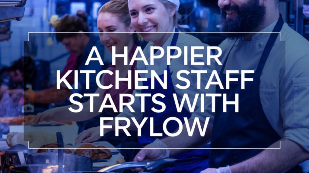 Smiling kitchen staff working together thanks to Frylow oil device

