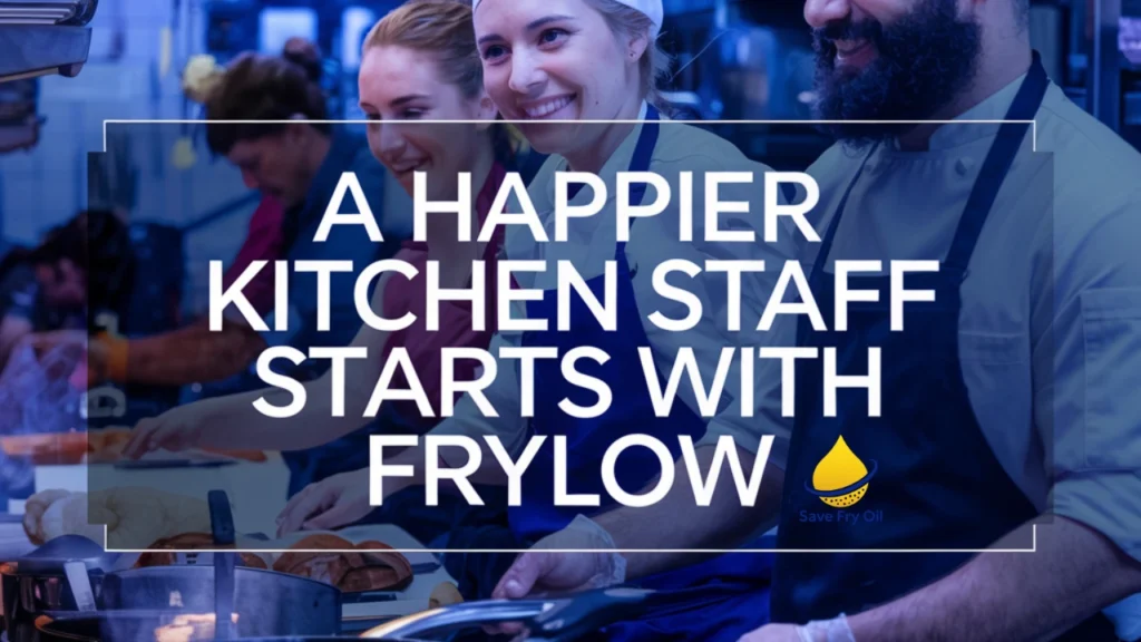 Smiling restaurant employees happy at work in the kitchen because of Frylow.