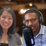 Two hosts recording restaurant talk podcast by save fry oil in studio.