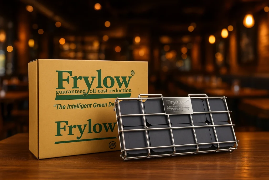 Frylow oil reduction device and packaging on restaurant table background