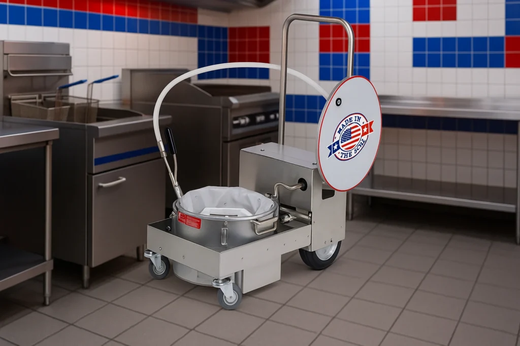 Miroil BD505 oil filtration machine in commercial kitchen with fryers