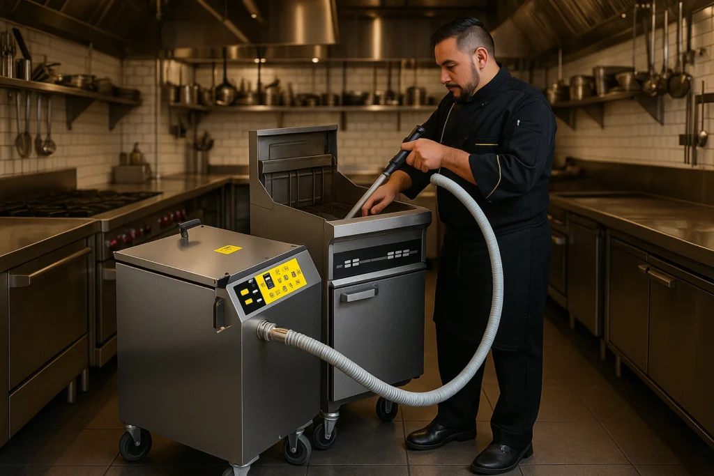 Chef using fryer oil filtration machine in commercial kitchen setting