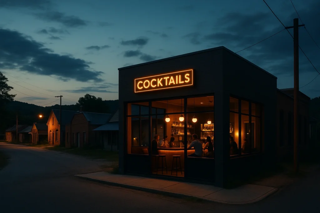Modern cocktail bar glowing in small rural town at twilight.
