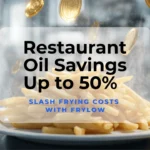 A chef in a modern kitchen with fries and floating gold coins, symbolizing restaurant oil savings.
