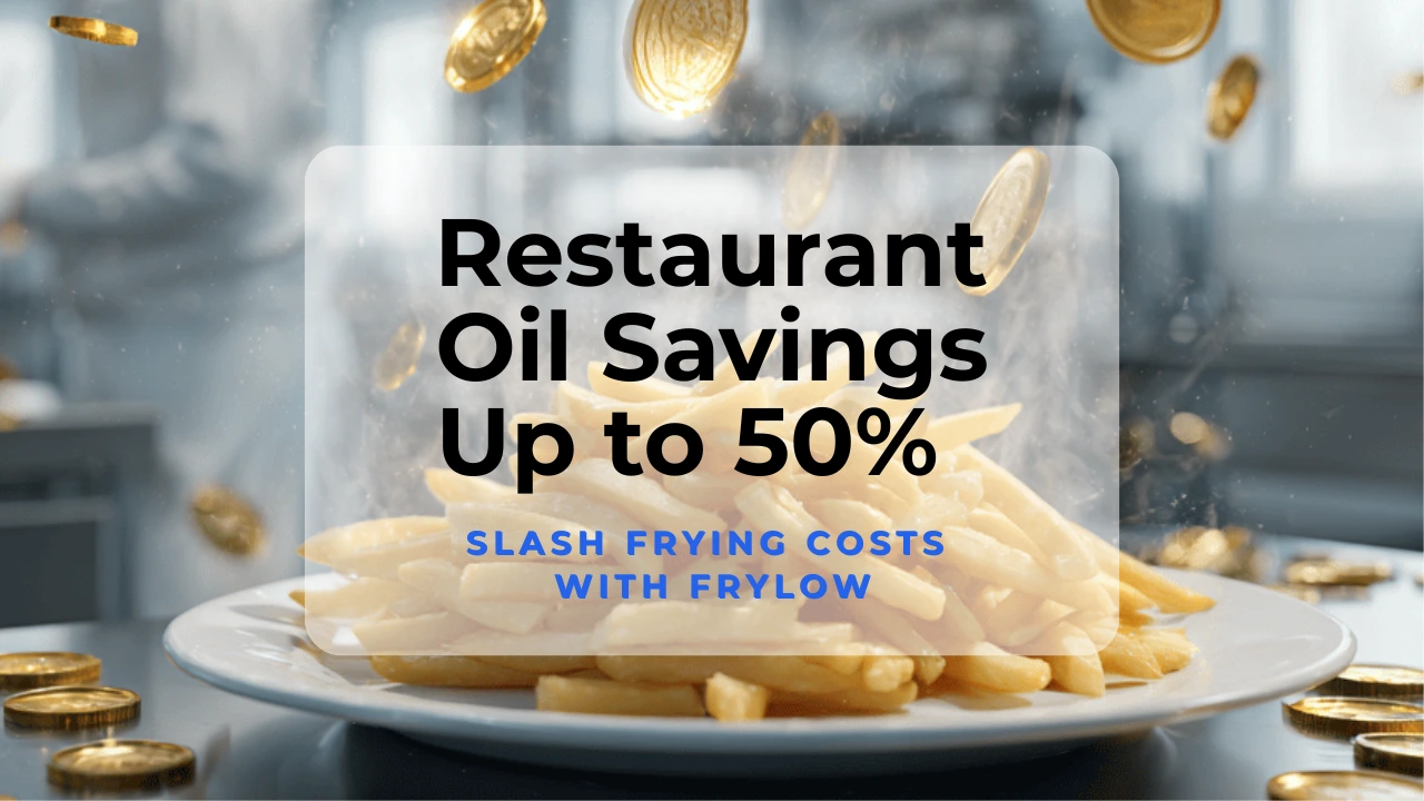 A chef in a modern kitchen with fries and floating gold coins, symbolizing restaurant oil savings.