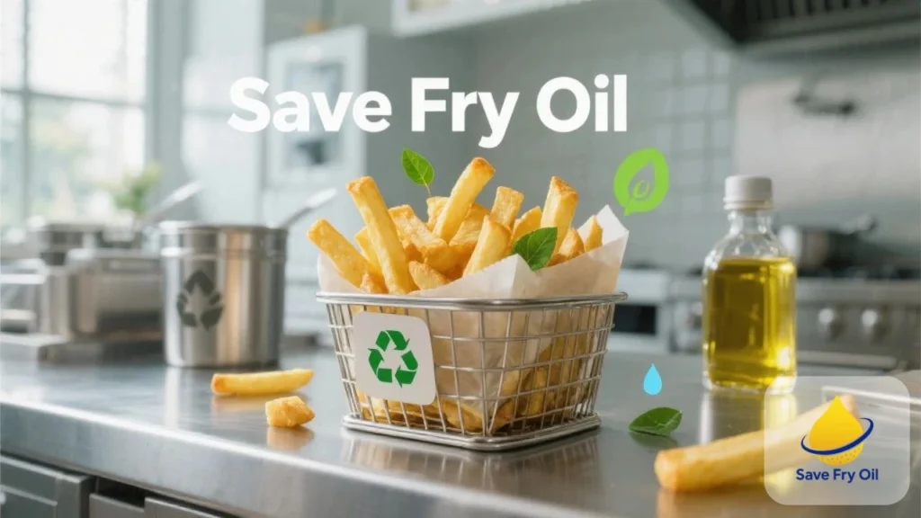 Crispy fries in eco basket promoting Save Fry Oil sustainability

