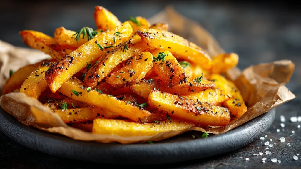 Golden truffle fries seasoned with herbs and pepper on parchment paper.
