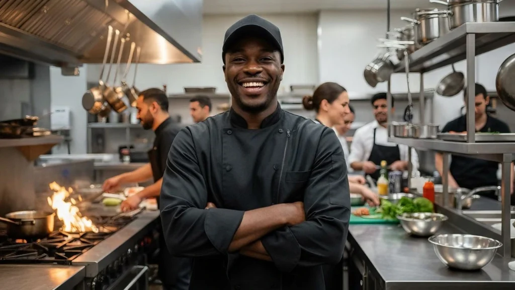 frylow chef during service standing with his arms crossed and a happy smile on his face