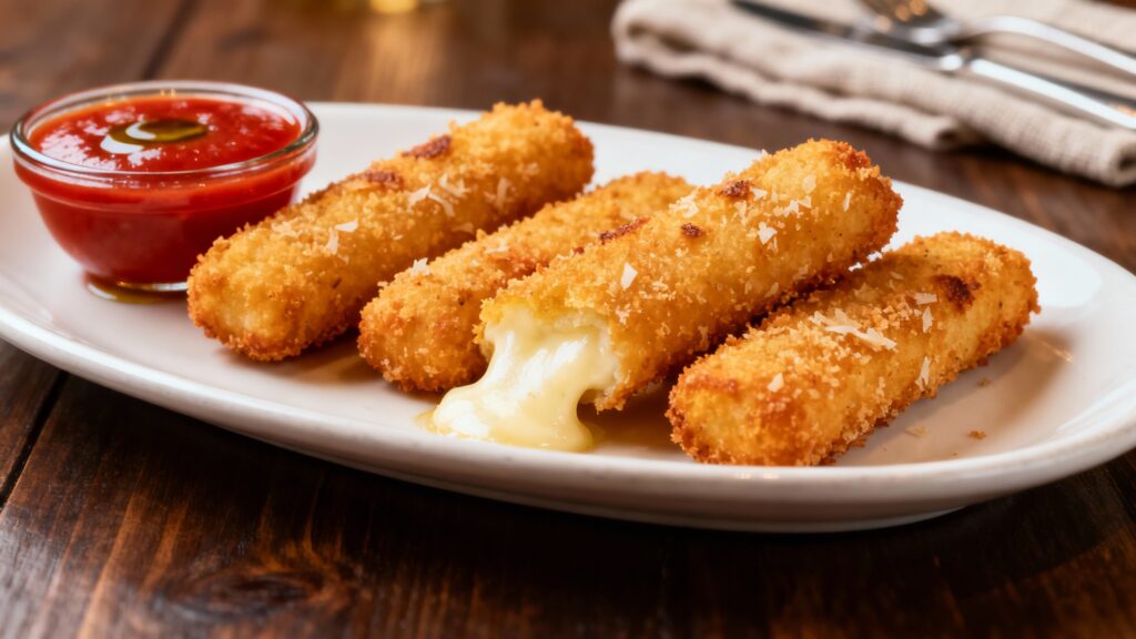 golden fried mozarella sticks on a white plate with marinara sauce
