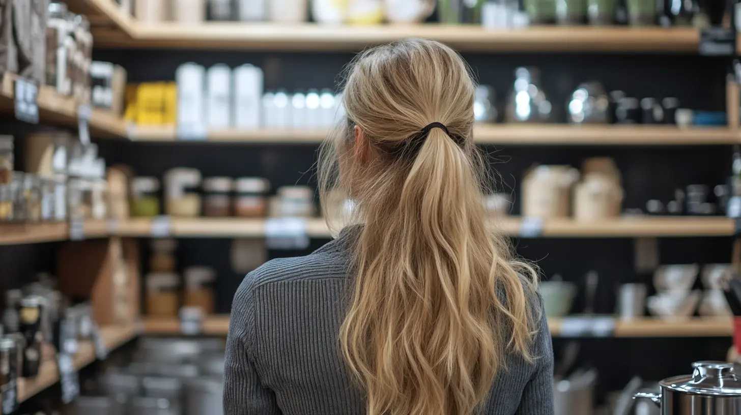 A customer with long blonde hair browses shelves filled with products in restaurant supply stores, looking for kitchen essentials.