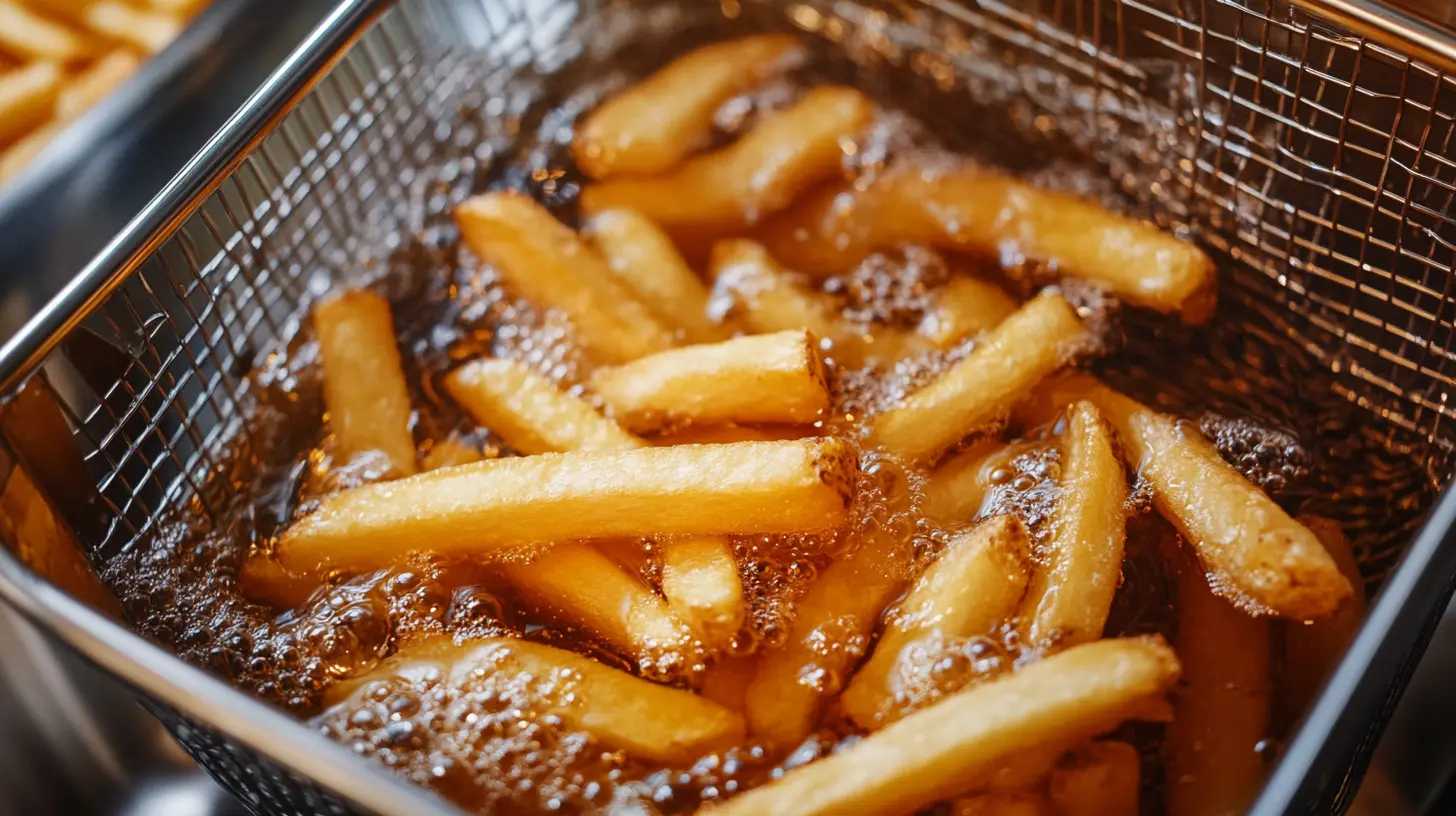 A deep fryer in a restaurant kitchen with a basket of French fries submerged in bubbling oil, illustrating techniques for fry-oil reduction strategies.