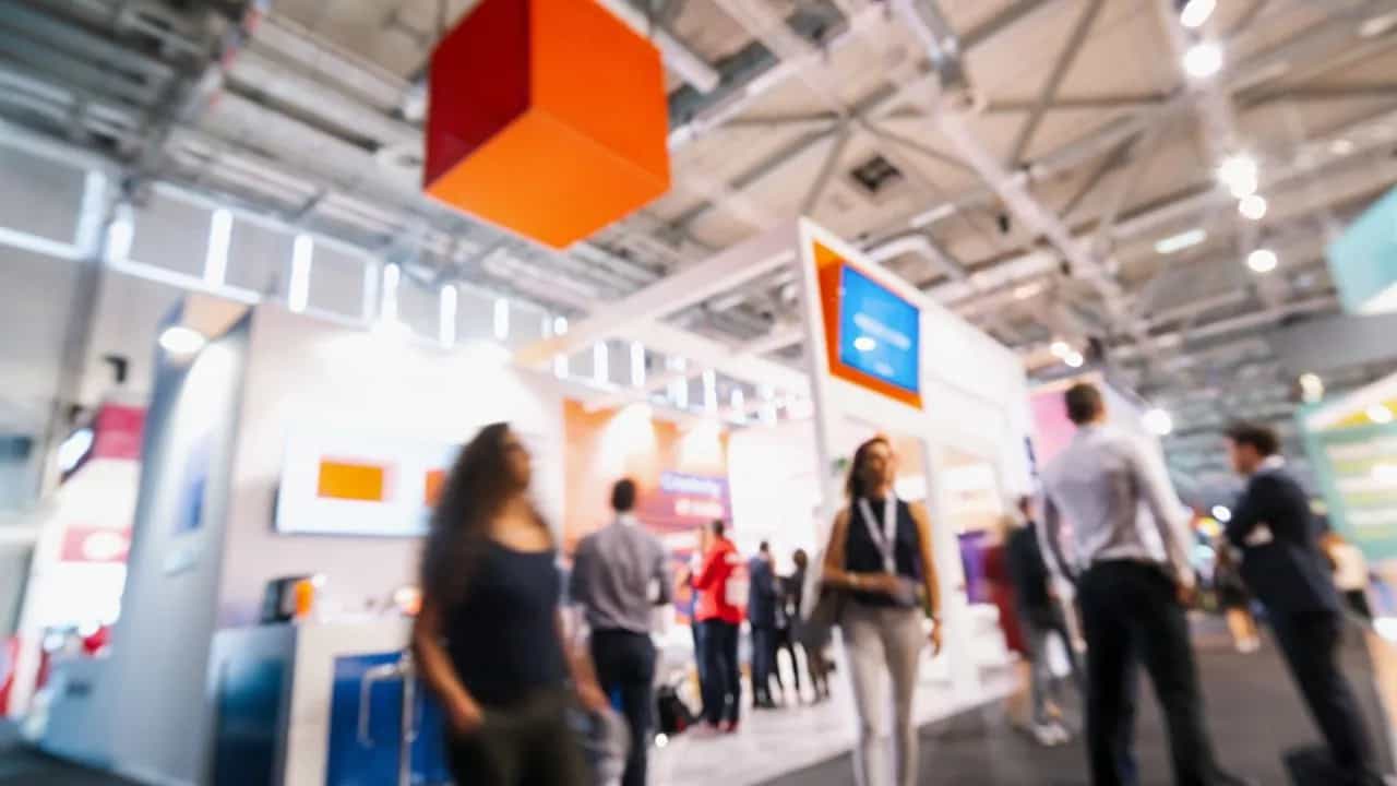 Blurred trade show with people and vibrant booth displays
