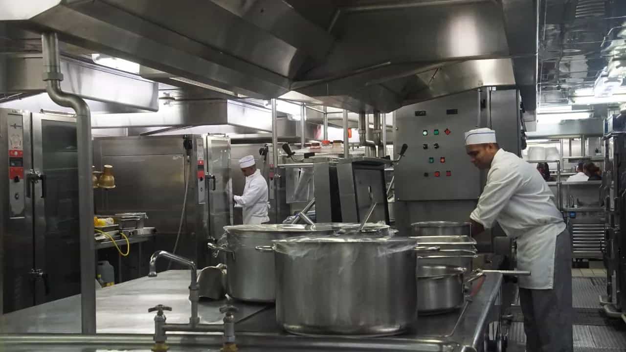 Chefs preparing food in a commercial cruise kitchen.