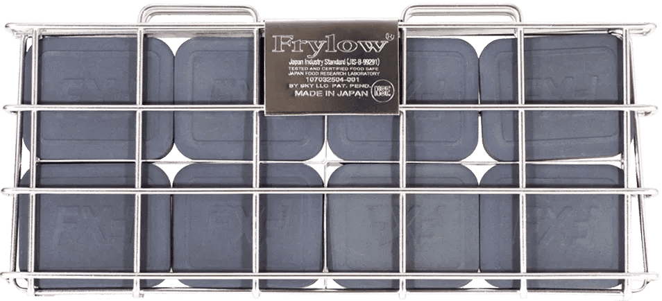 Frylow device in metal casing for fryer oil improvement.