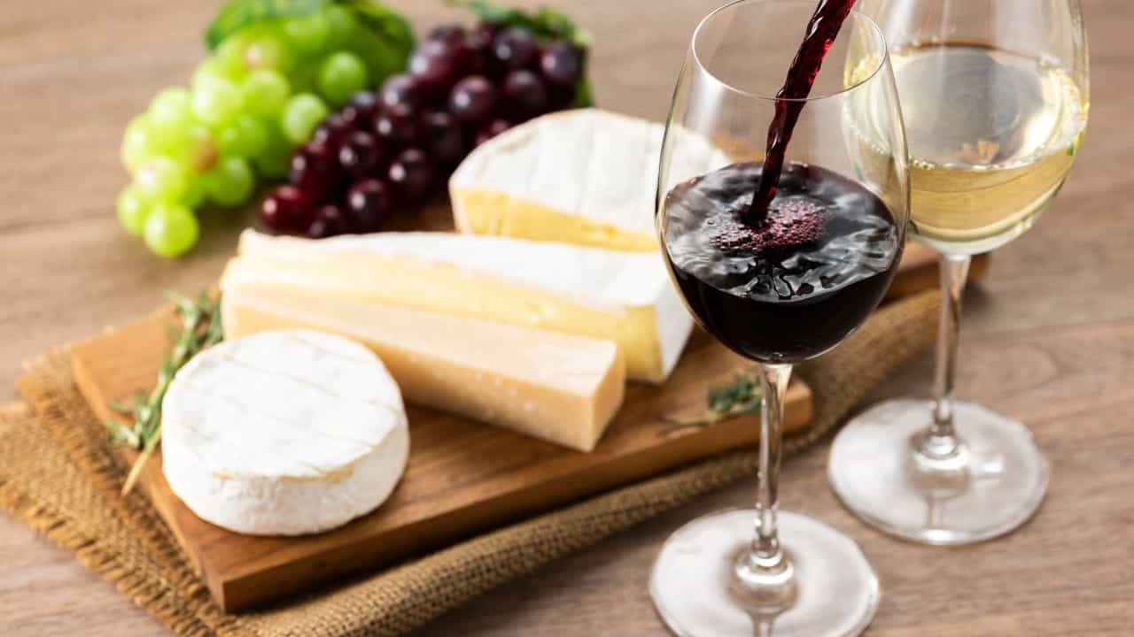 Assorted cheese wine and grapes