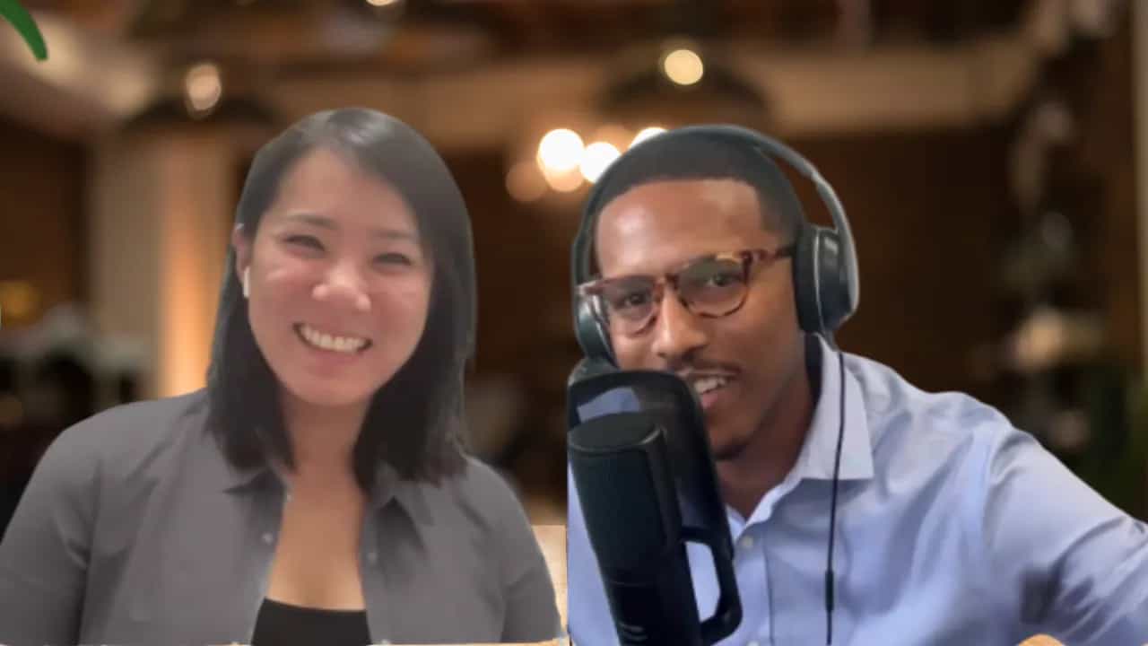 Two hosts recording restaurant talk podcast by save fry oil in studio.