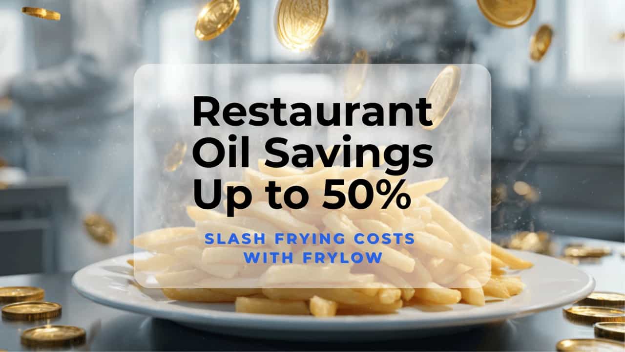 A chef in a modern kitchen with fries and floating gold coins, symbolizing restaurant oil savings.