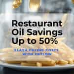 A chef in a modern kitchen with fries and floating gold coins, symbolizing restaurant oil savings.